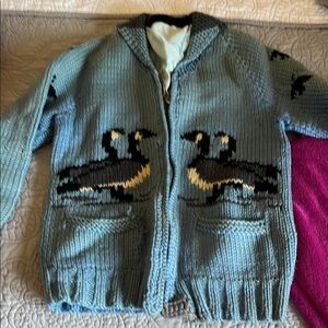 Blue Knit Cardigan with Bird Design
